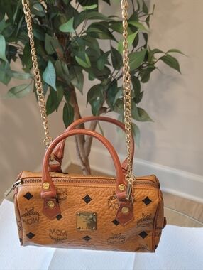 MCM Visetos Logo Mini Boston Bag PVC Leather With COA & BAG CHAIN FOR CROSSBODY